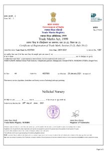 Trademark Cert. Official Trademark Registration Certificate of Nellickal Nursery, Malappuram